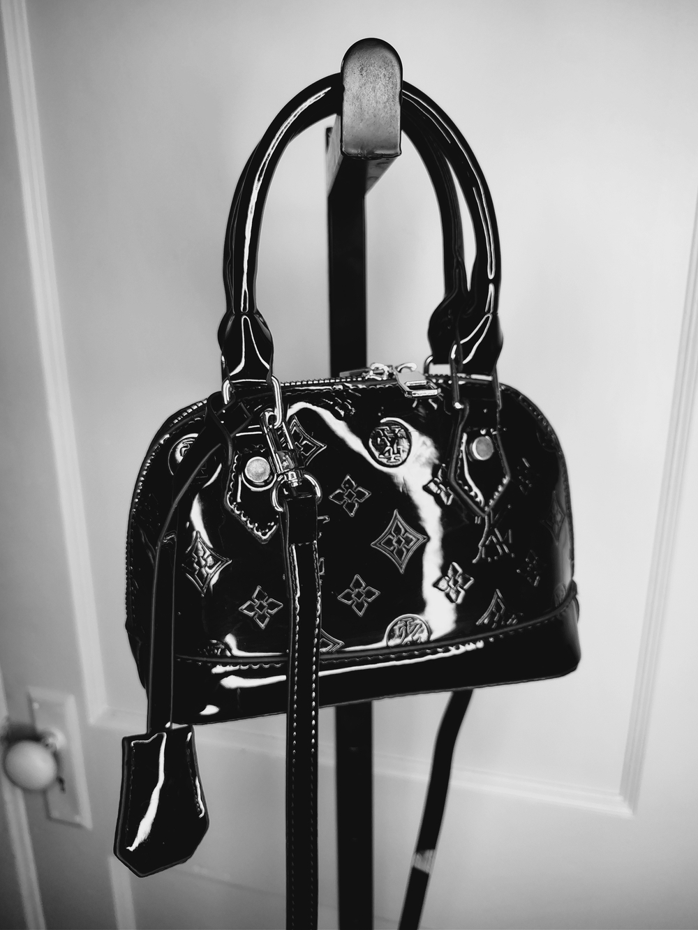 Patent Monogram Dome Satchel Handbag in Black